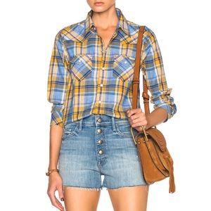 MOTHER 💙🌻 twirl my ex’s plaid top blue sunflower